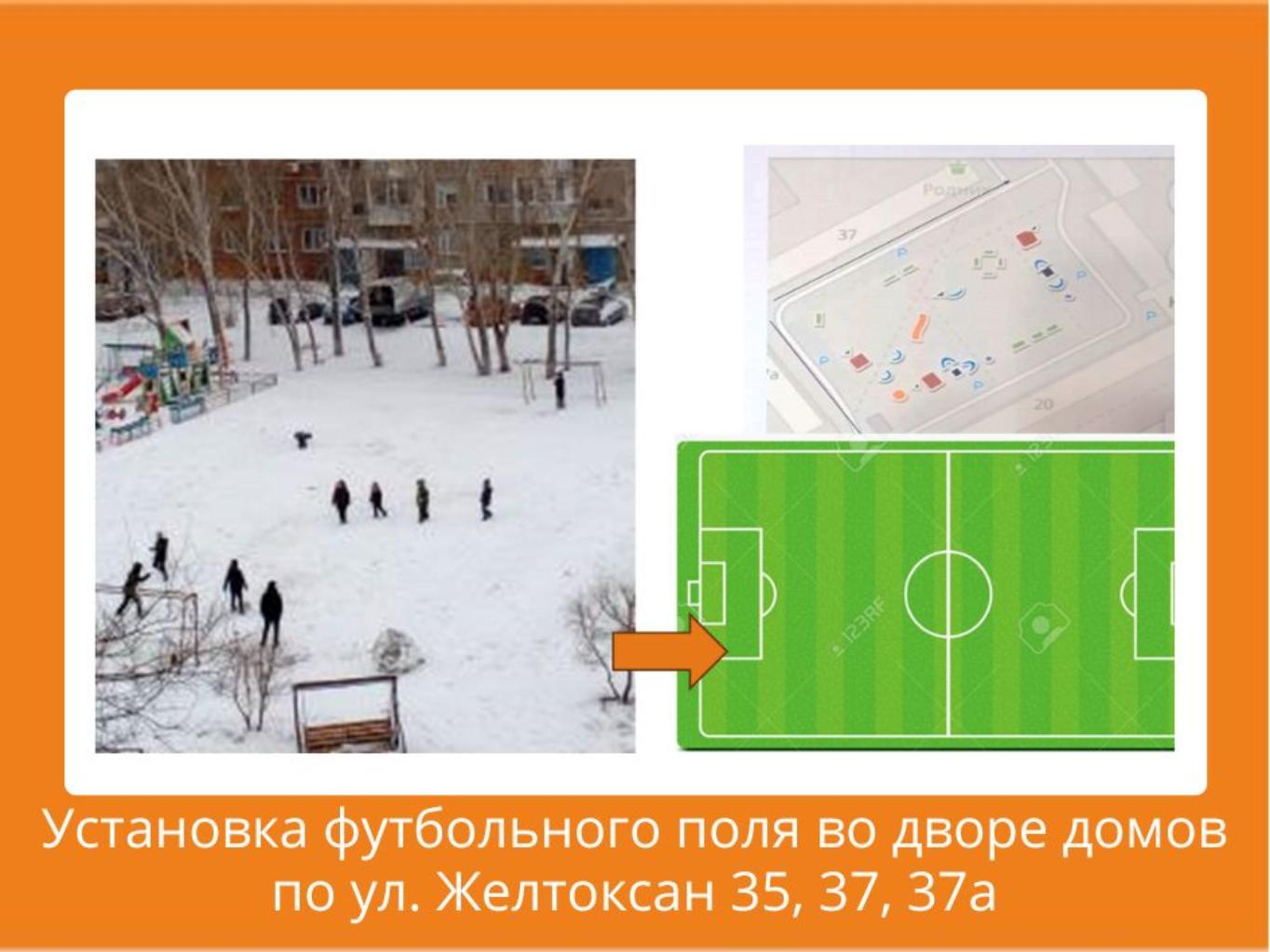 Наши дети очень спортивные, любят играть в футбол. Но у  нас нет оборудованного футбольного поля. Есть площадь (место) для футбольного  поля, старые футбольные ворота, которые устанавливались еще тридцать лет назад. Площадь поля без основания, в выбоинах и буграх, что приводит к травматизму.  Именно поэтому, мы решили реализовать проект по установке футбольного поля  с целью создания современных условий для физического  развития детей. Реализация проекта подразумевает подготовку основания и укладку площадки с искусственным покрытием (зеленой травой) общей площадью примерно 448м2 .