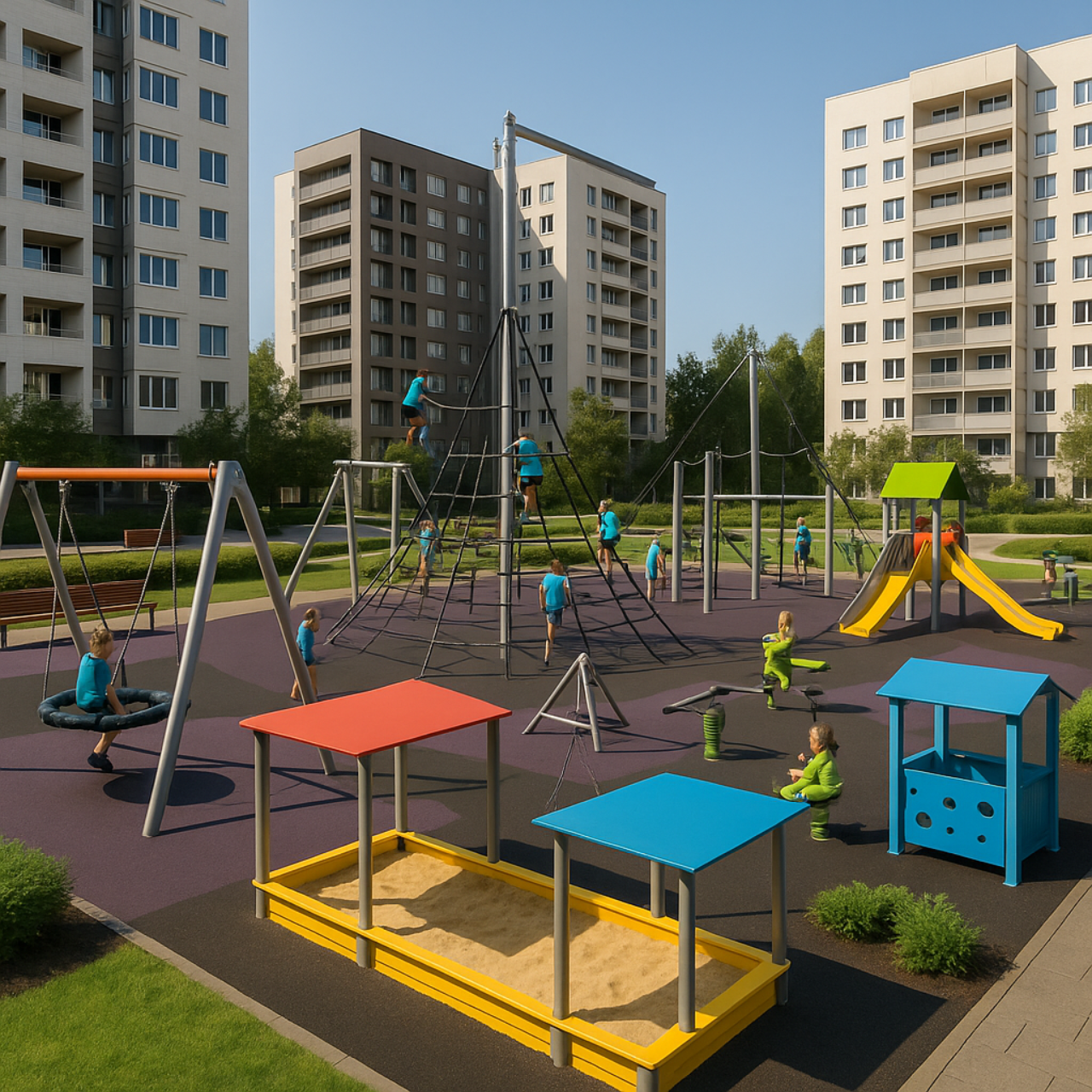 Современная многофункциональная детская площадка, которая будет не только местом для игр, но и зоной общения, развития и отдыха для разных возрастов.

🔹 Зоны площадки

1. Зона для малышей (1–4 года)
	•	Низкие горки (до 1,2 м).
	•	Домики и игровые панели. 
	•	Качели с безопасным сиденьем.
	•	Песочница с навесом от солнца.

2. Зона для детей 5–12 лет
	•	Высокая горка-труба.
	•	Канатные лазалки и сетки («паутинка»).
	•	Балансиры и качалки.

3. Подростковая зона
	•	Спортивные тренажёры (турники, рукоход).
	•	Трасса для самокатов (асфальтовая или прорезиненная дорожка).
	•	Верёвочный лаз.

4. Зона отдыха родителей
	•	Лавочки с навесами.
	•	Озеленение: деревья и кустарники, вертикальное озеленение на ограждениях.
	•	Уличные светильники. 

🔹 Дополнительные элементы
	•	Питьевой фонтанчик.
	•	Урны для раздельного сбора мусора.
	•	Информационный стенд (правила поведения на площадке).


🔹 Визуальная идея
	•	Стиль: урбан + эко.
	•	Цвета: сочные акценты (жёлтый, бирюзовый, лаймовый) на фоне спокойных серых и зелёных оттенков. 

📌 Такой проект будет не только радовать детей, но и станет точкой притяжения для всего двора. площадка, которая будет не только местом для игр, но и зоной общения, развития и отдыха для разных возрастов.

🔹 Зоны площадки

1. Зона для малышей (1–4 года)
	•	Низкие горки (до 1,2 м).
	•	Домики и игровые панели. 
	•	Качели с безопасным сиденьем.
	•	Песочница с навесом от солнца.

2. Зона для детей 5–12 лет
	•	Высокая горка-труба.
	•	Канатные лазалки и сетки («паутинка»).
	•	Балансиры и качалки.

3. Подростковая зона
	•	Спортивные тренажёры (турники, рукоход).
	•	Трасса для самокатов (асфальтовая или прорезиненная дорожка).
	•	Верёвочный лаз.

4. Зона отдыха родителей
	•	Лавочки с навесами.
	•	Озеленение: деревья и кустарники, вертикальное озеленение на ограждениях.
	•	Уличные светильники. 

🔹 Дополнительные элементы
	•	Питьевой фонтанчик.
	•	Урны для раздельного сбора мусора.
	•	Информационный стенд (правила поведения на площадке).


🔹 Визуальная идея
	•	Стиль: урбан + эко.
	•	Цвета: сочные акценты (жёлтый, бирюзовый, лаймовый) на фоне спокойных серых и зелёных оттенков. 

📌 Такой проект будет не только радовать детей, но и станет точкой притяжения для всего двора.