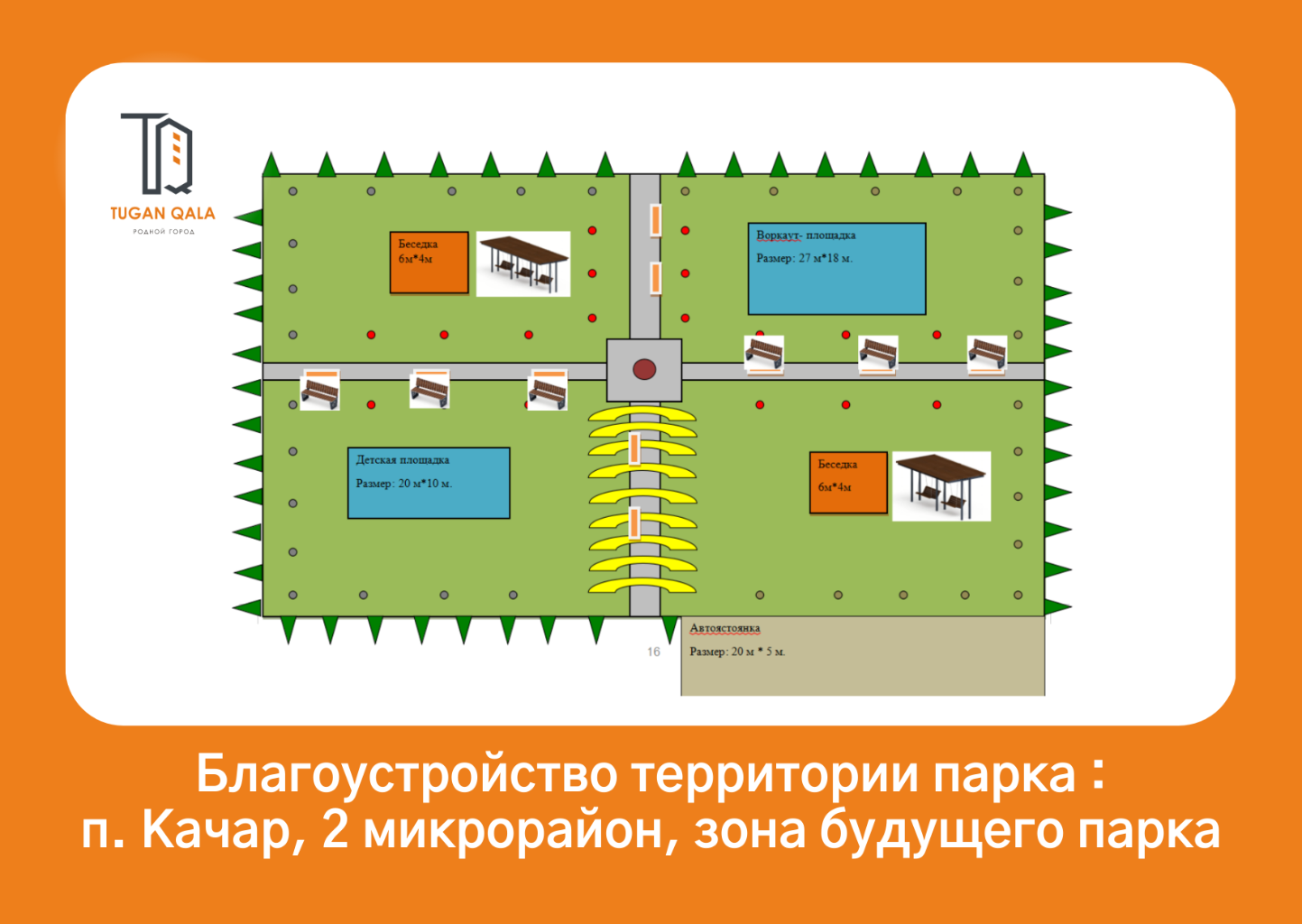 Саябақ аймағының орналасқан жері қашар пустырь кенті 3 ш / а аралығында жоспарланған.және 
орталық жол. Бос жер өсіп кеткен аумақ ешқандай жолмен пайдаланылмайды. Сонымен бірге 
бұл аумақта балалар мен жасөспірімдер жүгіріп, қолдары мен аяқтарын сындырады. Дәл осы үшін
Қашар ауылының белсенді тұрғындары бірігіп, құру жобасын жүзеге асыруға шешім қабылдады 
саябақ аймағы. Қашар кентінің тұрғындарының мәдени демалысы мақсатында.
САУАЛНАМА ҚОРЫТЫНДЫСЫ БОЙЫНША:
457 адамнан сұхбат алынды
- балалар: 27
- жастар: 78
- еңбекке қабілетті жастағы адамдар:165
- зейнеткерлер: 82
Проблемалар анықталды: саябақ аймағының болмауы.
Ұсынылған: аумақты абаттандыру, беседкалары бар алаңды орнату
орындықтың аумағында балаларға сахна жасаңыз және 2 бақша әткеншегін орнатыңыз.
Ол үшін жоспарланған: бүкіл бұтаны тамырымен жұлып, аумақты тегістеңіз,
орындықтар жасаңыз және орнатыңыз, арбалар жасаңыз және орнатыңыз, орындықтар, сахна орнатыңыз
және бақша әткеншегі. Саябақ аймағының жалпы ауданы 400 шаршы метрді құрайды. 
Жобаның болжамды құны - 12,00 млн. теңге, ал іске асыру мерзімі-4 ай. 2024 жылы 
Қашар ауылының тұрғындары барлығының назарын аударатын саябақ аймағын көргісі келеді 
Қашар кентінің тұрғындары