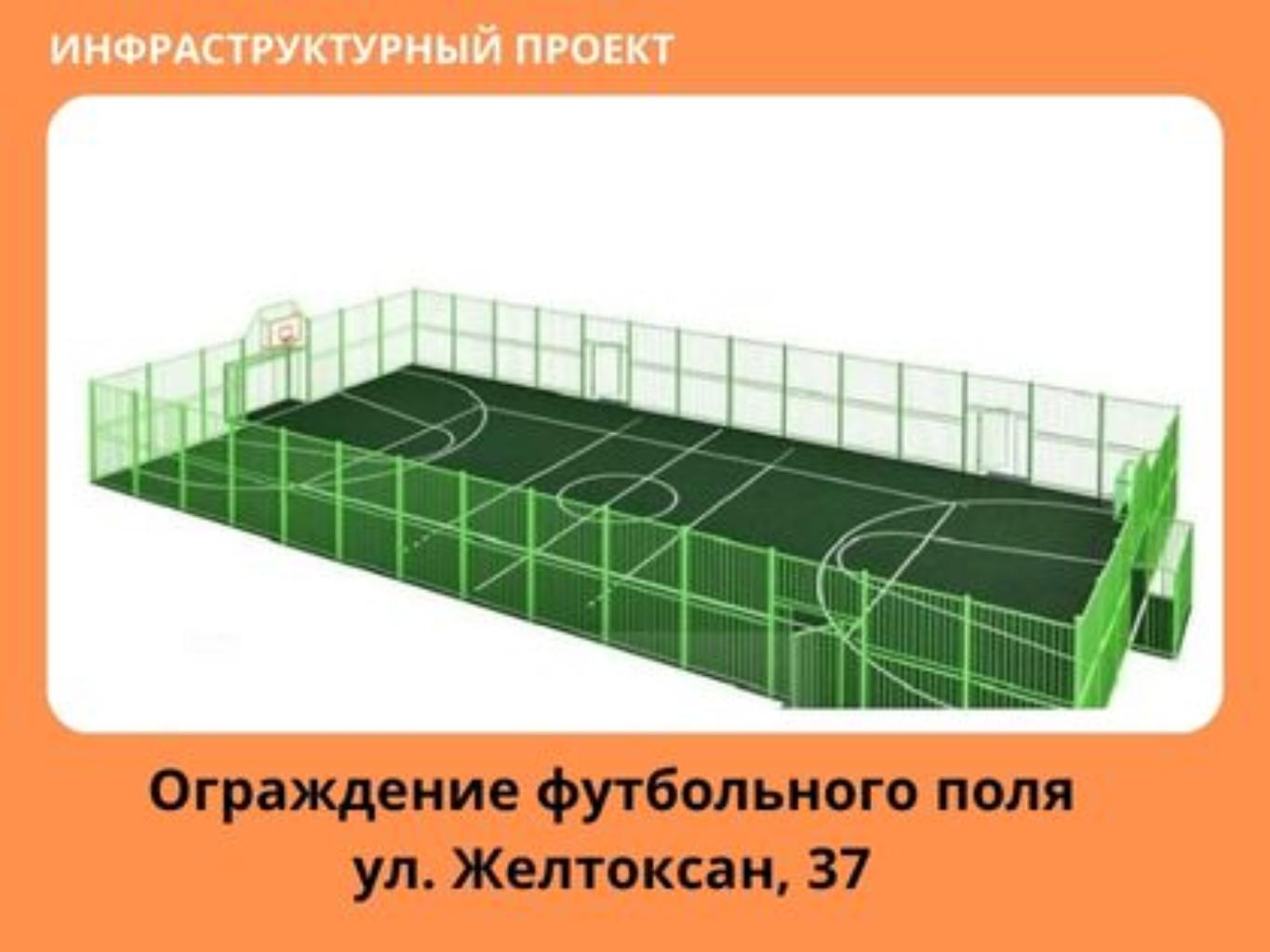 На детской площадке, расположенной по адресу г. Аксу, ул Желтоксан 35, 37, 37а, 
Камзина, 20 в этом году было установлено основание для футбольного поля. У основания футбольного поля нет ограждения. Это причиняет неудобство детям, играющим в футбол: мяч улетает за пределы основания, родителям с маленькими детьми: высока вероятность получения травмы от мяча, автовладельцам: высока вероятность повреждения автомобиля от удара мяча. Поэтому, было принято решение принять участие в конкурсе с  проектом «ограждения основания футбольного поля». 
Предложено: выложить асфальтобетонное покрытие шириной 1 м по периметру 
основания футбольного поля,  огородить основание футбольного поля по периметру 
забором (кассет ограждениями) высотой 4 м. Установить  две калитки, расположив их на 
восточной и западной стороне забора -ограждения, от калиток до основного асфальта 
выложить дорожку из асфальтобетонной смеси размером  1 *1 м 2 каждая.  Закрыть 
футбольное поле тканевой сеткой сверху, для предотвращения вылета мяча за ограждение.