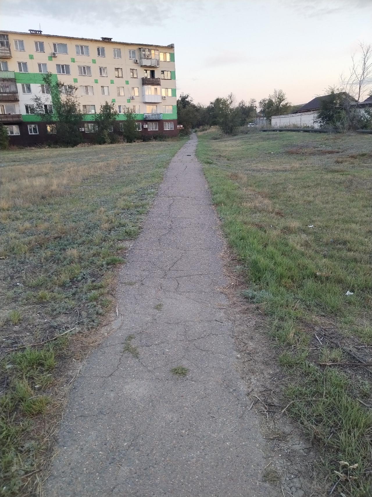 Жители нашего микрорайона в т. ч. дети(Камзина 4,6.10,10а и Донентаева 28) ходят по наполовину разрушенной пешеходной дорожке без освещения в тёмное время суток, которая пролегает через безлюдный пустырь, что не безопасно! 