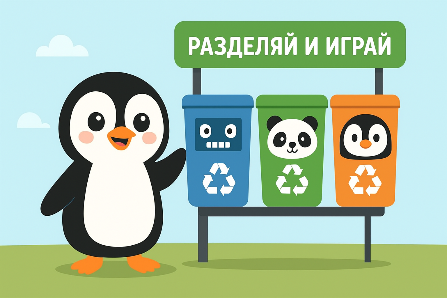 Сделать несколько разукрашенных контейнеров для пластика, бумаги и стекла в виде персонажей (робот, панда, пингвин). Для мотивации можно проводить ежемесячный конкурс: какой район соберёт больше пластика — тот получает приз 